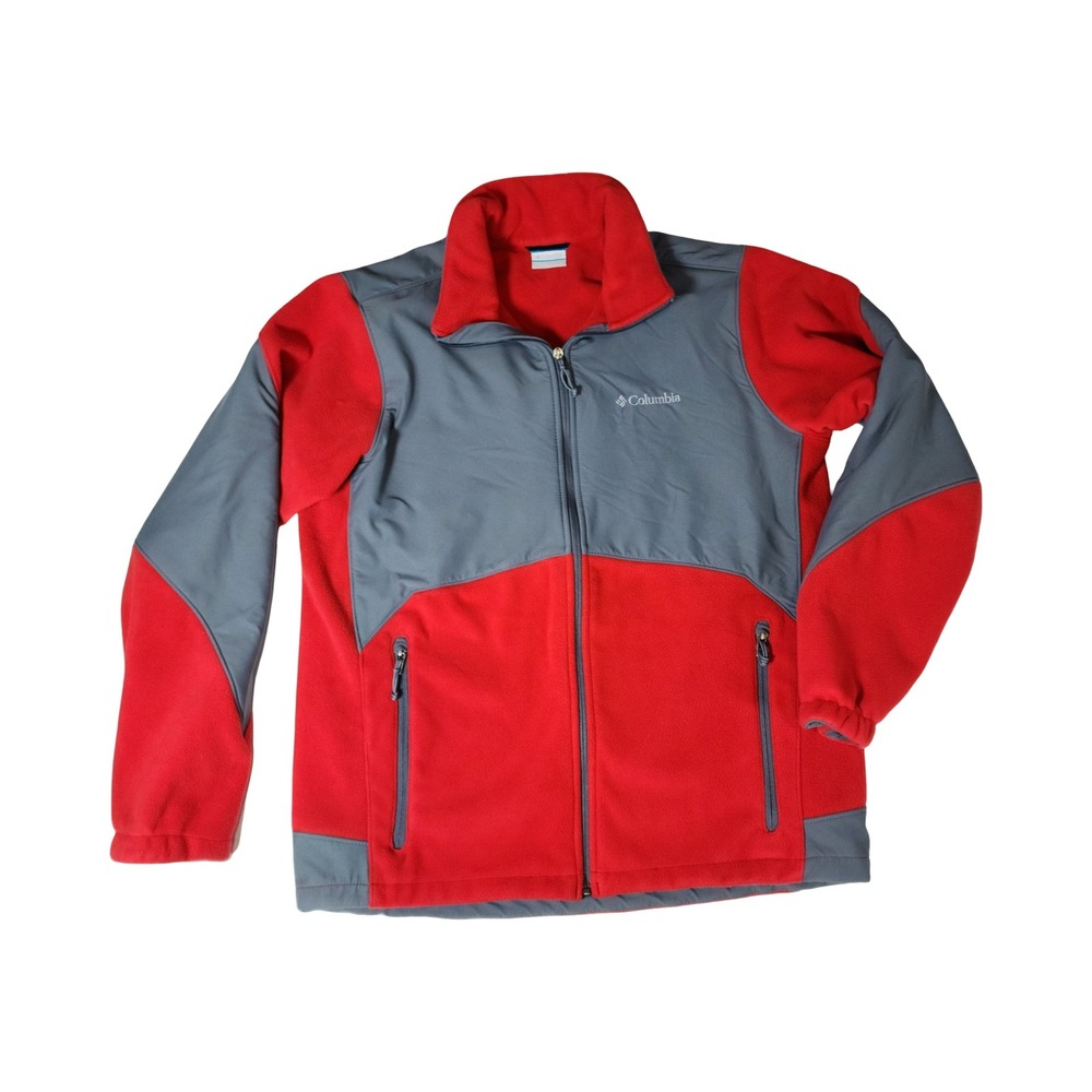 Columbia Mens Red Grey Colorblock Full Zip Fleece Jacket Large Woven Overlays